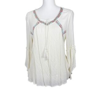 ARTESIA White Embroidered Tassel Tie Neck Bell Sleeve Boho Blouse Women's Medium